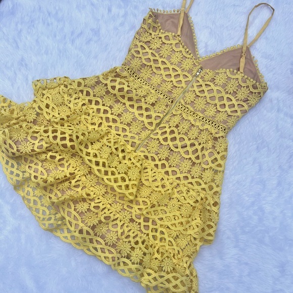 Lulu’s Beauty and Lace Yellow Crochet Mini Dress - Picture 3 of 9